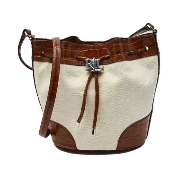 Ralph Lauren Canvas Medium Andie Drawstring Bag with crocodile-embossed leather. - Picture 3 of 8